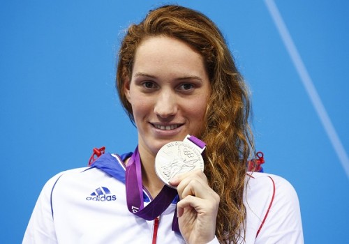 File photo of France's Camille Muffat with her silver medal during the London 2012 Olympic Games