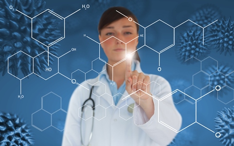 Doctor pressing touchscreen displaying holographic chemical formula