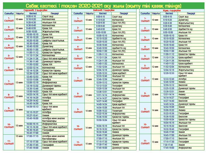 2,3,4 қыркүйекке арналған сабақ кестесі