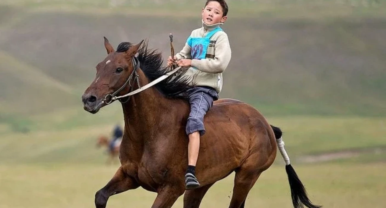 Ат бала. Казахская лошадь. Мальчик на коне. Ребенок скачет на лошади. Всадники Казахстана.
